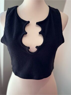 LOVE J Black Ribbed Cutout Crop Tank Top Size Large